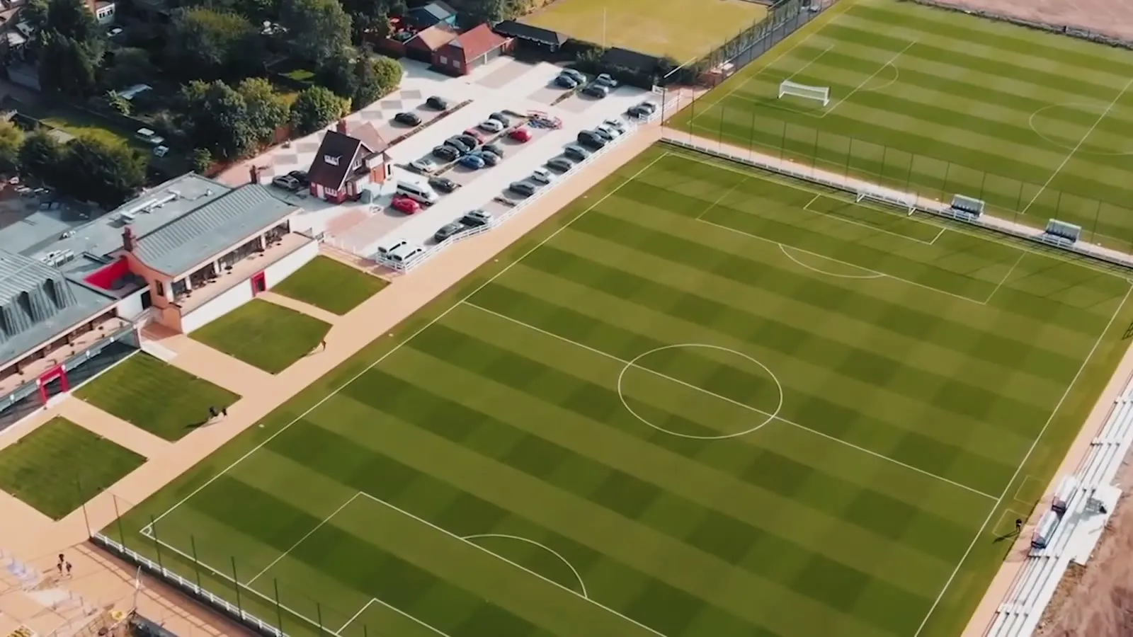 Aerial view of full-size academy football pitches